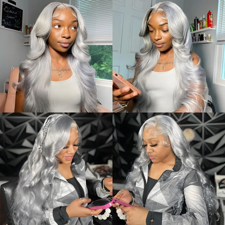 Multiple photos of a customer at home wearing grey body wave hair, styled with soft baby hair and loose waves.