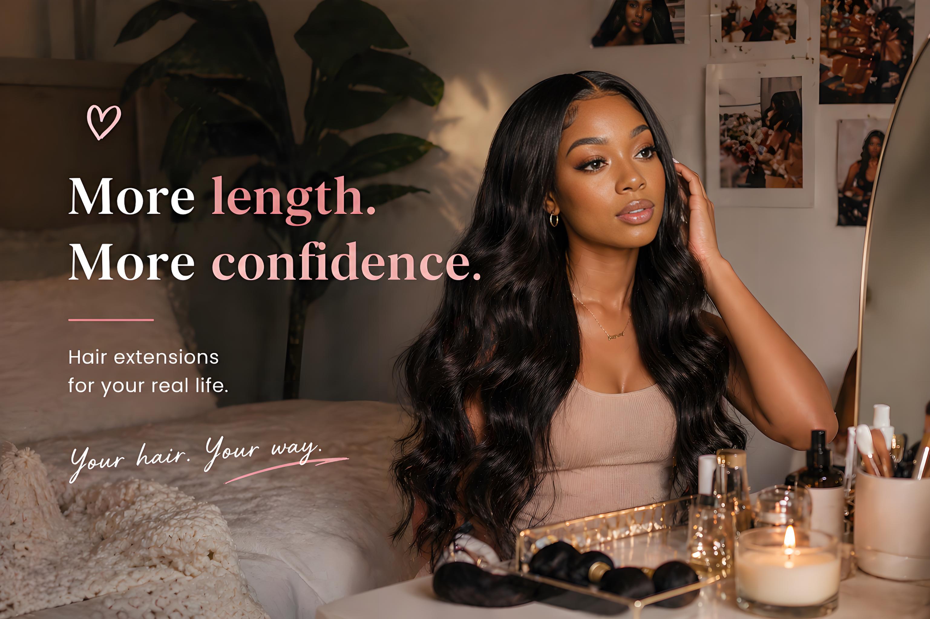 Black woman wearing natural hair extensions in a real life setting expressing confidence and effortless everyday beauty