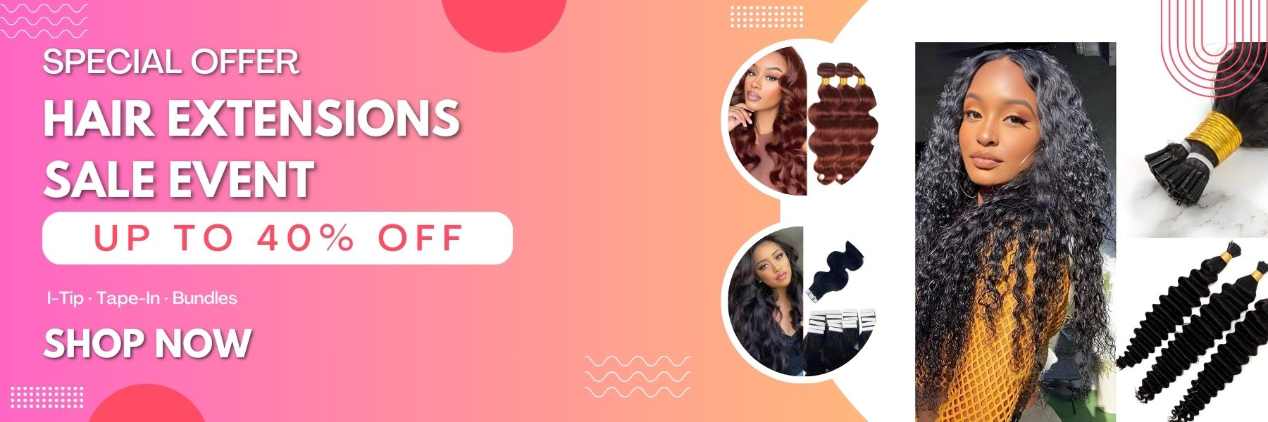 euxmehair hair extensions sale event banner with up to 40% off on I-Tip, Tape-In and bundles