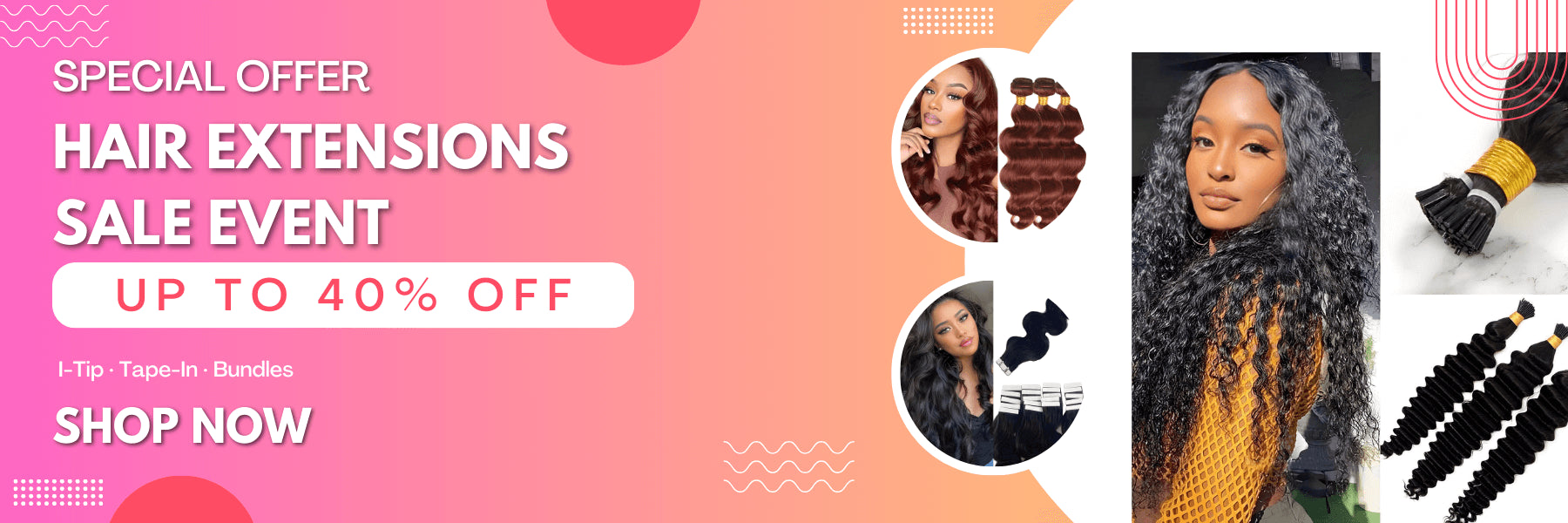 euxmehair hair extensions sale event banner with up to 40% off on I-Tip, Tape-In and bundles