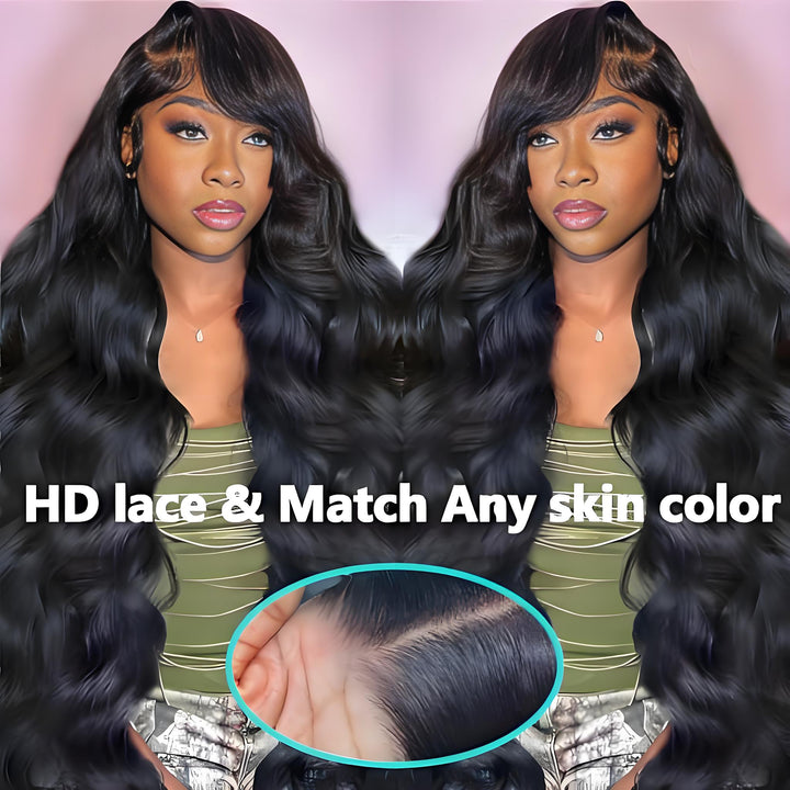 Side-by-side model display of body wave wig with HD lace blending naturally into various skin tones.