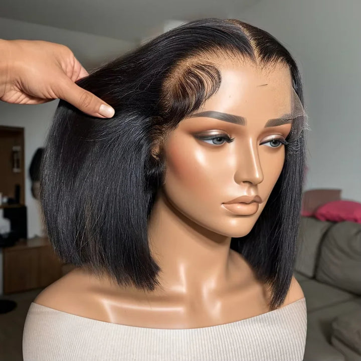 Close-up of HD lace hairline on straight bob wig showing pre-plucked baby hair and realistic scalp blend.