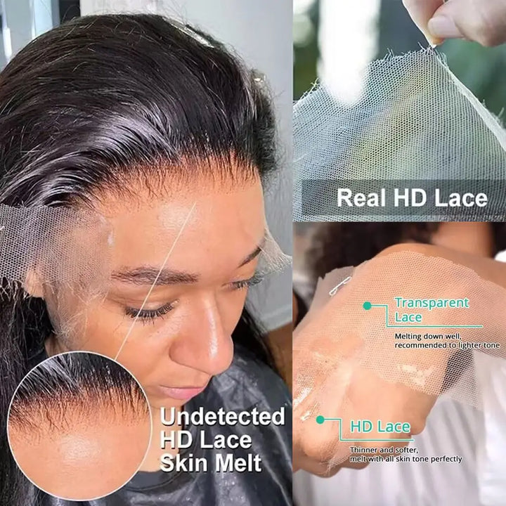 Comparison of HD lace and transparent lace on skin and hand, highlighting melt effect and lace texture difference.