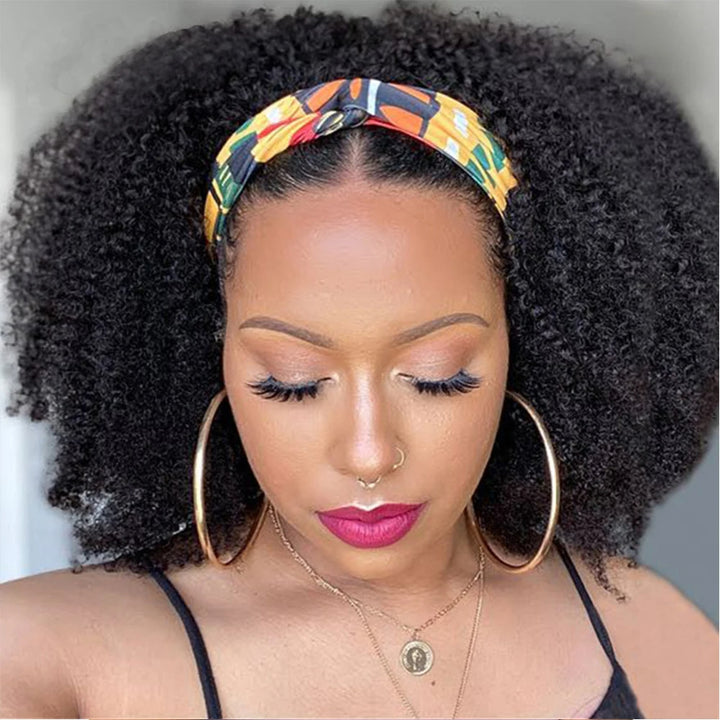 Back and side view of Afro Curly headband wig in natural color, showing volume and curl definition.
