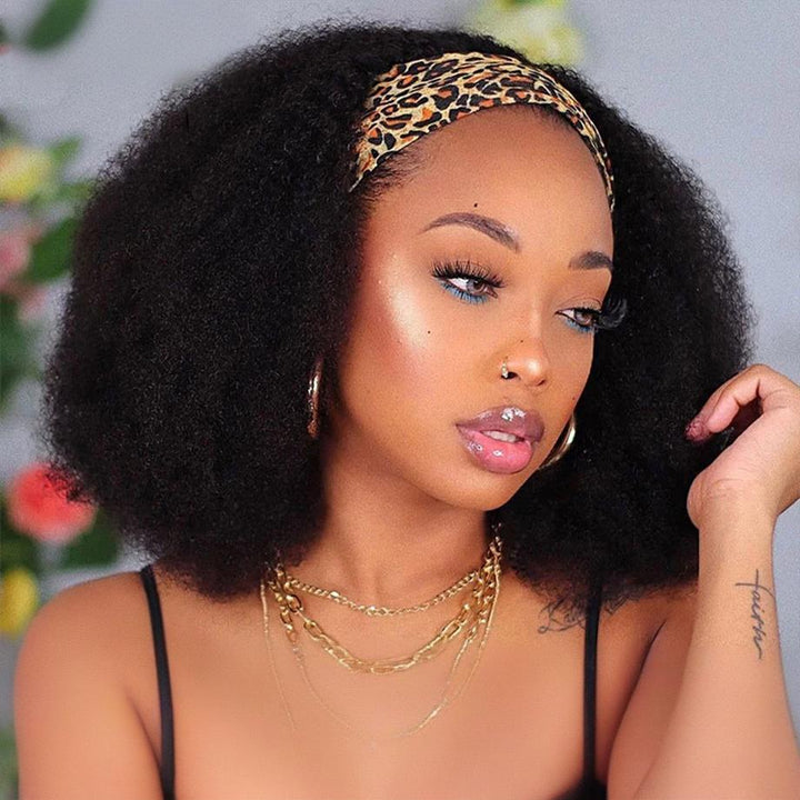 Close-up view of natural color Afro Curly hair texture with leopard print headband.