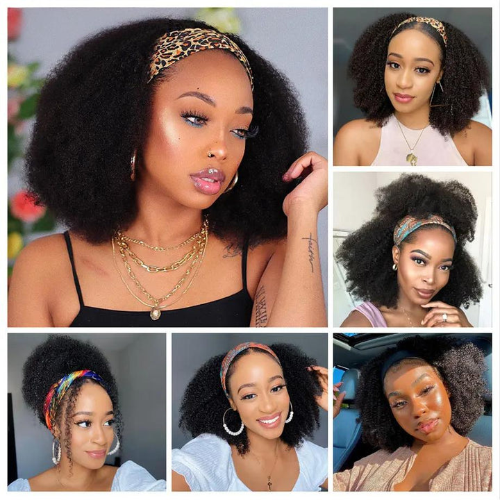 Collage of models showcasing natural color Afro Curly headband wig in various styles and angles.