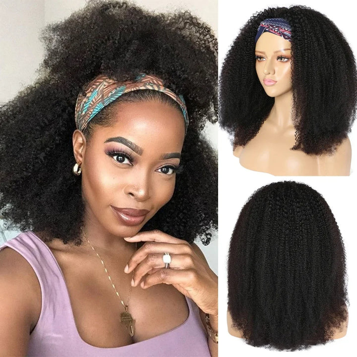 Frontal view of model wearing Afro Curly headband wig in natural color with defined center part.