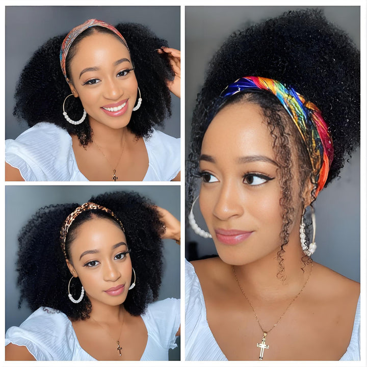 High-volume look with natural color Afro Curly headband wig, styled for fullness and bounce.