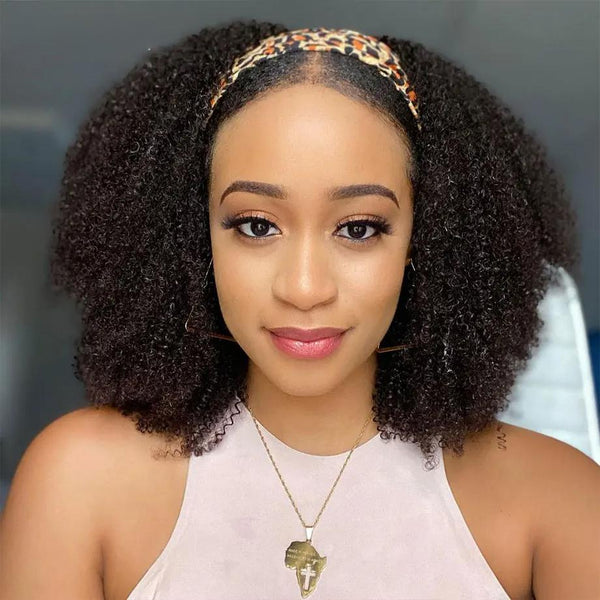Smiling model wearing Afro Curly headband wig in natural color, styled for a casual everyday look.