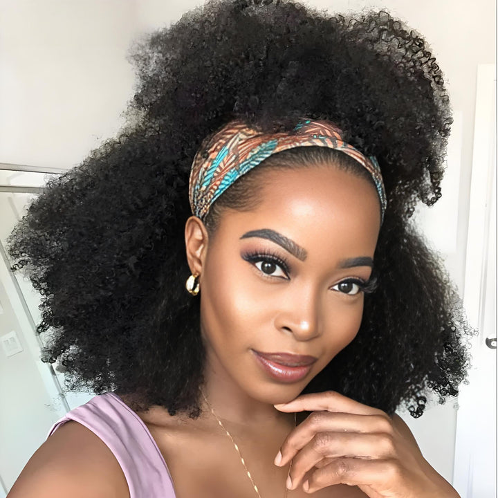 Three-style display of natural color Afro Curly headband wigs with different patterned headbands.