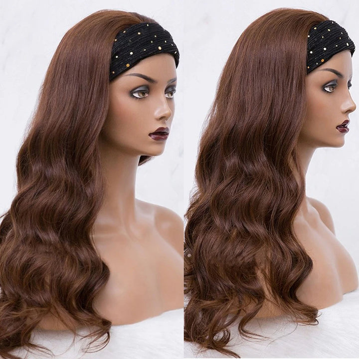 Angle pair view of Chocolate Brown Body Wave Headband Wig on mannequin, showing defined curls and smooth shine.