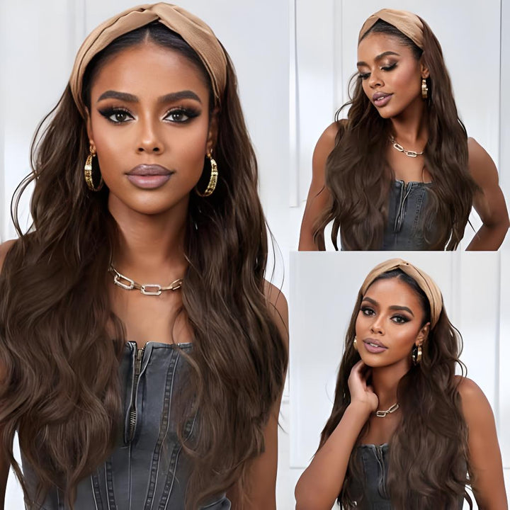 Full front and angled views of Chocolate Brown Headband Wig with body wave texture on model, showcasing volume and layered finish.