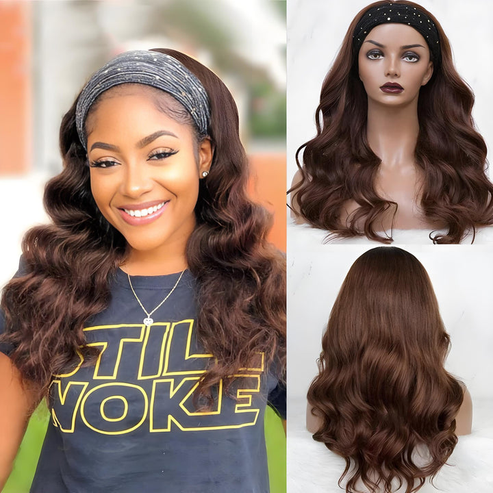 Side-by-side view of Chocolate Brown Body Wave Headband Wig worn by model and displayed on mannequin, showing soft bounce and color depth.
