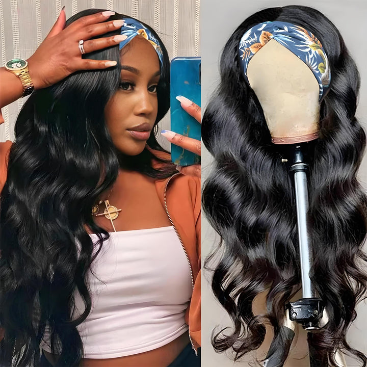 Long Body Wave headband wig worn by model and displayed on mannequin with blue floral twist headband.