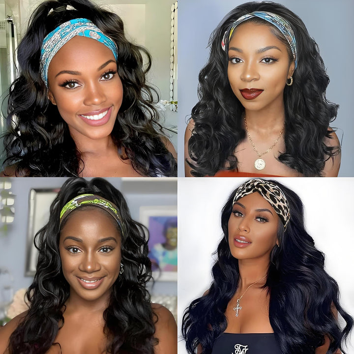 Diverse models wearing Body Wave headband wig styled with different headbands and curled looks.