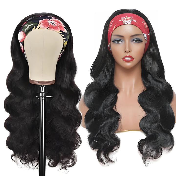 Front and back view of Body Wave headband wig on mannequin, styled with red and floral printed headbands.