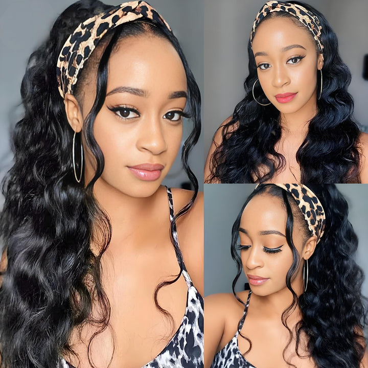Model wearing leopard headband Body Wave wig in natural color shown from multiple angles.