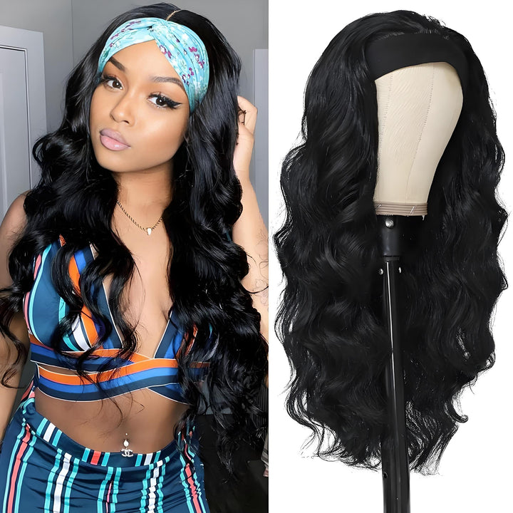 Model and mannequin showcasing EuxmeHair Body Wave headband wig in natural color with soft flowing waves.