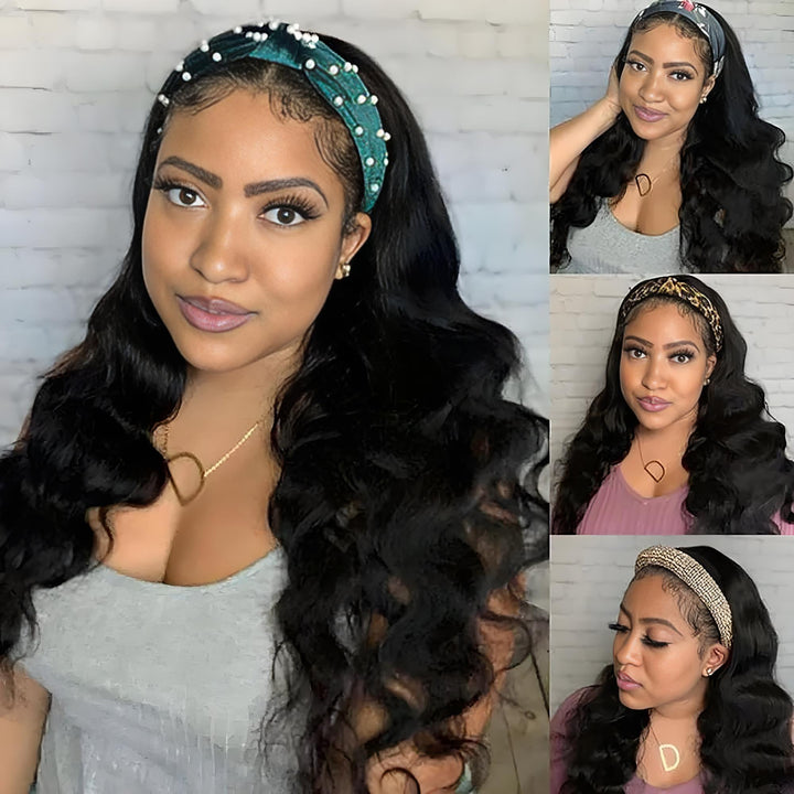 Collage of models wearing Body Wave headband wig in natural color with various stylish headbands.
