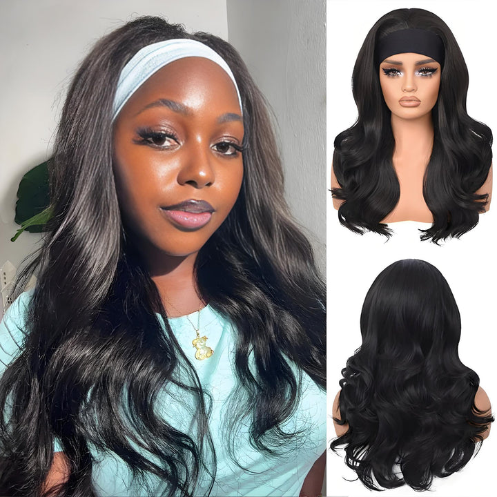 Afro-American model wearing EuxmeHair Body Wave headband wig in natural color, with mannequin display beside.