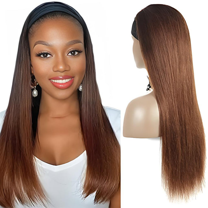Side and front view of Chestnut Brown Ombre Headband Wig on model and mannequin, emphasizing smooth Yaki texture and length.