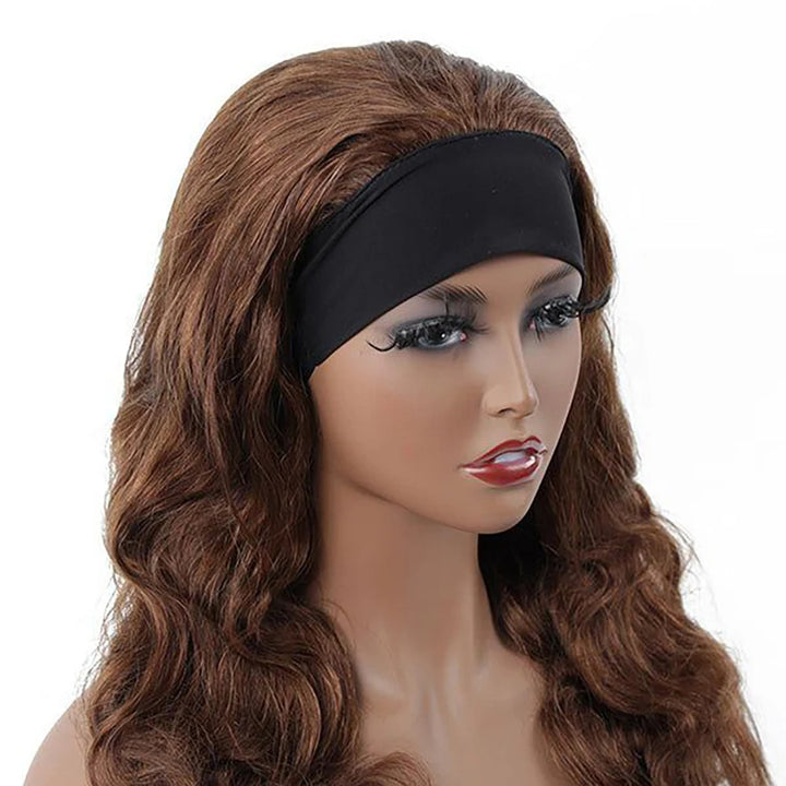 Mannequin wearing Chocolate Brown Body Wave Headband Wig with simple black headband, highlighting natural wave pattern and density.