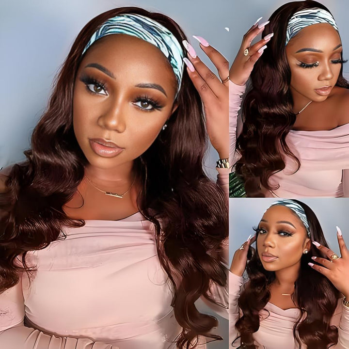 Styled makeup look featuring Chocolate Brown Body Wave Headband Wig with blue striped headband on model in soft lighting.