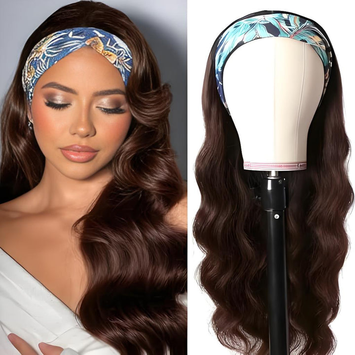 Chocolate Brown Headband Wig in body wave texture shown on model and wig stand with tropical print band for versatile styling.
