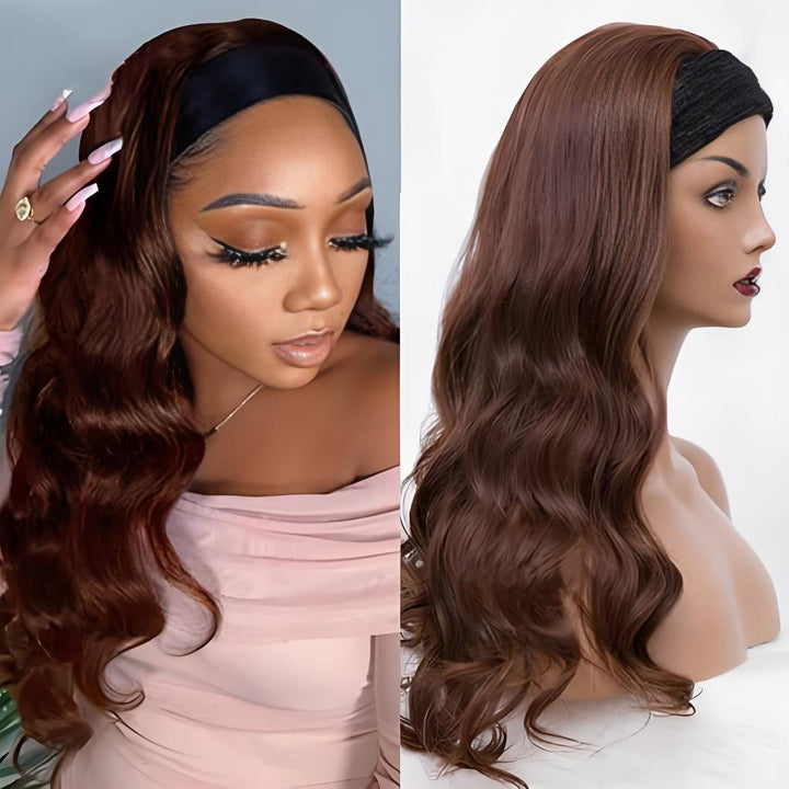 Close-up of model and mannequin wearing Chocolate Brown Body Wave Headband Wig, featuring soft texture and natural-looking flow.