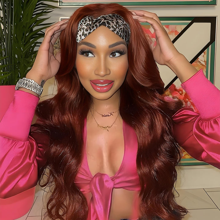 Demonstration of how to wear and install glueless headband wig with adjustable velcro strap.