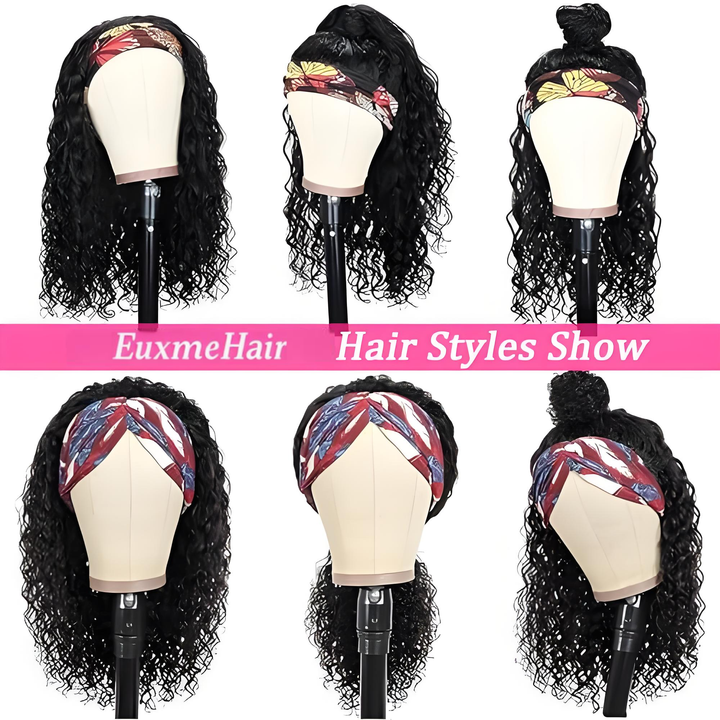 EuxmeHair headband wig styling options shown on mannequin head—front, side, bun, and ponytail styles.