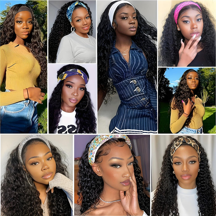 Gallery of models wearing EuxmeHair headband wigs in different styles, colors, and headbands.