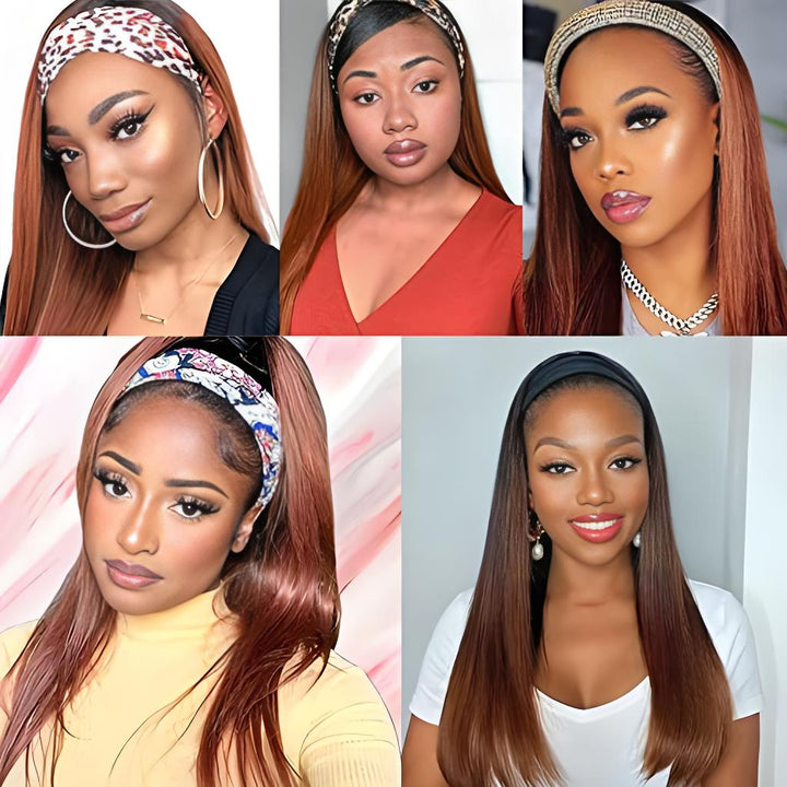 Multiple models wearing EuxmeHair Headband Wig in Chestnut Brown Ombre with various headbands, showing versatility on different skin tones.
