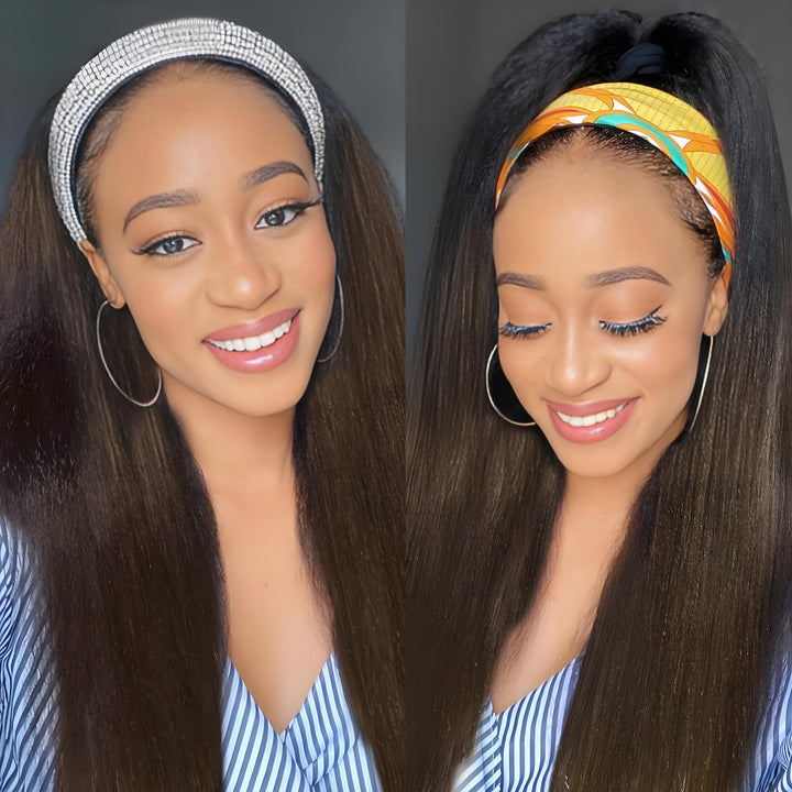 Two hairstyles of the same Headband Wig on one model—down and high ponytail—showing versatility of Yaki Straight Chestnut Brown Ombre look.