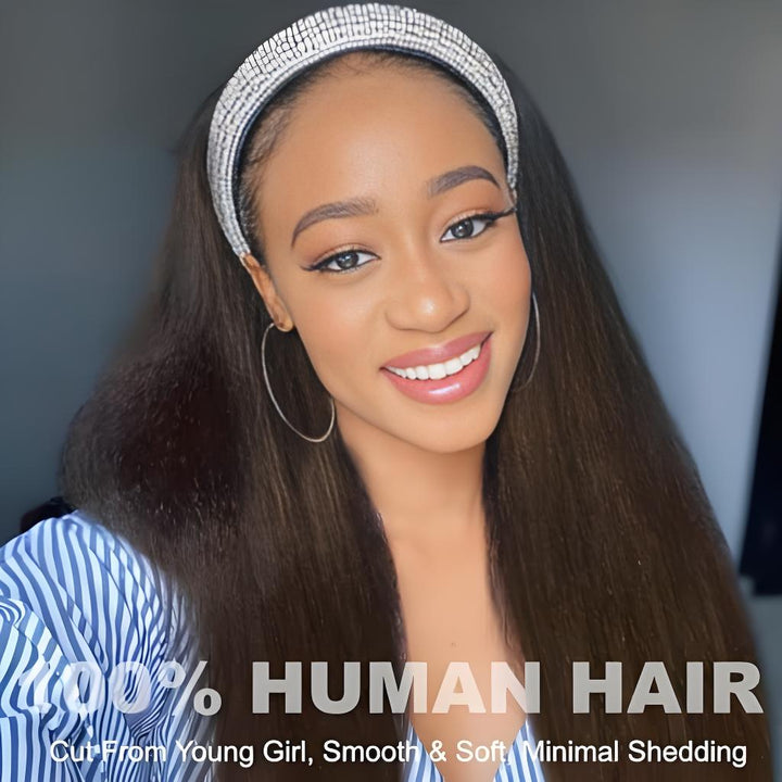 Model wearing EuxmeHair Yaki Straight Headband Wig in Chestnut Brown Ombre, showcasing soft texture and natural front hairline.