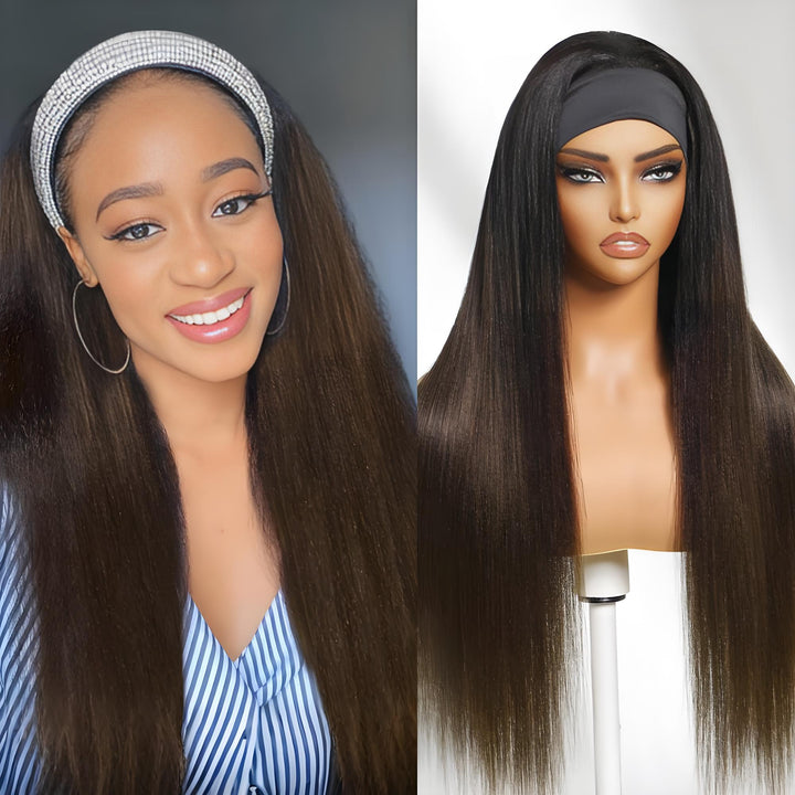 Comparison of EuxmeHair Headband Wig worn by model and displayed on mannequin, highlighting natural density and ombre transition.