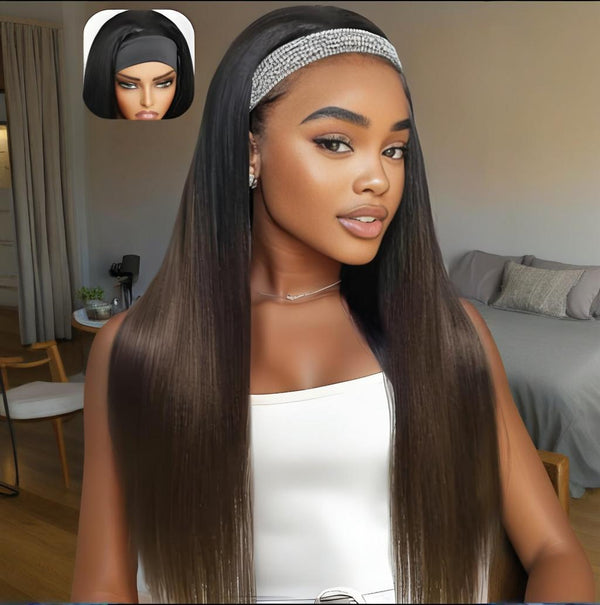 Side view of Yaki Straight Headband Wig in Chestnut Brown Ombre under room lighting, showing length, luster, and sleek finish.