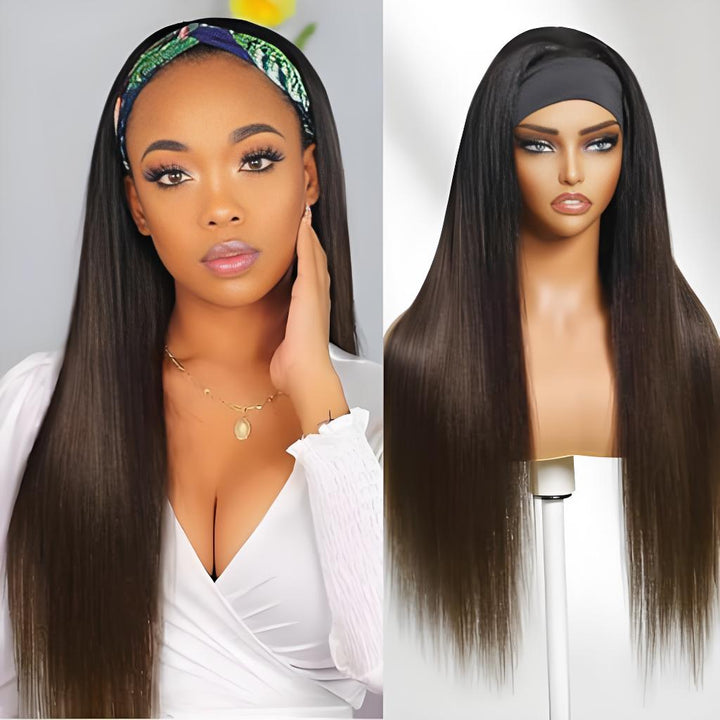 Yaki Straight Headband Wig in Chestnut Brown Ombre worn by model in white top, next to mannequin showing natural straight flow.