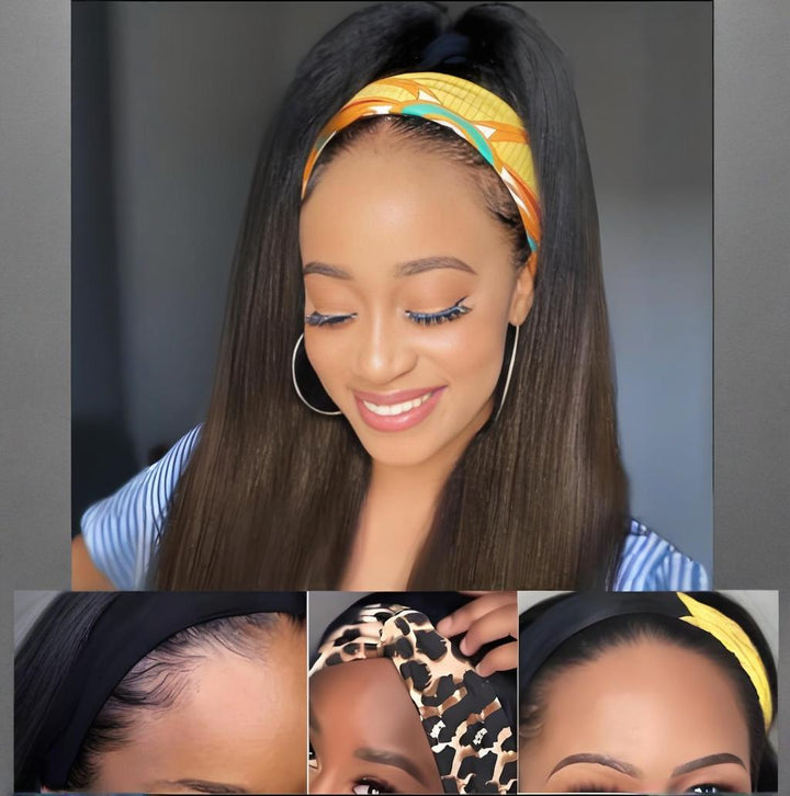 Close-up of EuxmeHair Headband Wig showing different headbands and natural front hairline on Yaki Straight Chestnut Brown Ombre style.