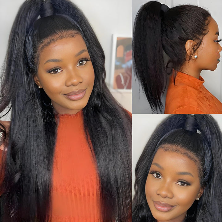 Front and side views of kinky straight lace wig styled in a high ponytail on smiling model.