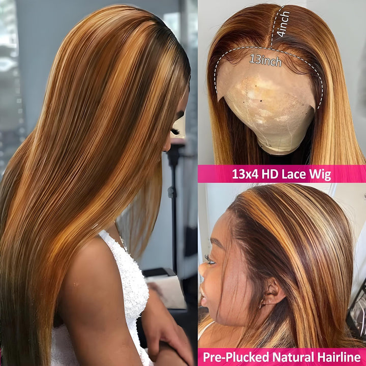 13x4 HD lace wig diagram and close-up showing natural hairline and frontal fit of P4/27 highlight wig.