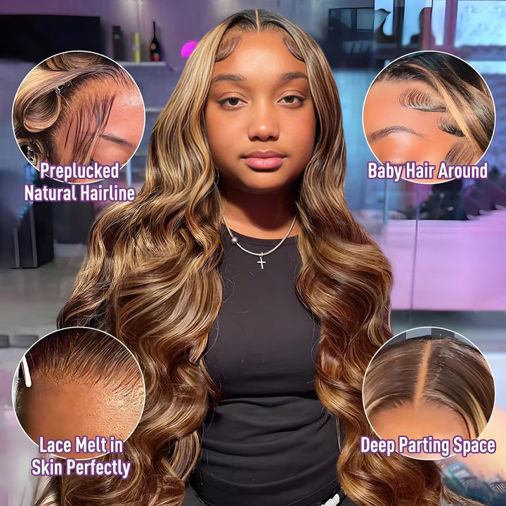 EuxmeHair highlight brown body wave wig shown with features: preplucked hairline, baby hair, lace melt, and parting space.