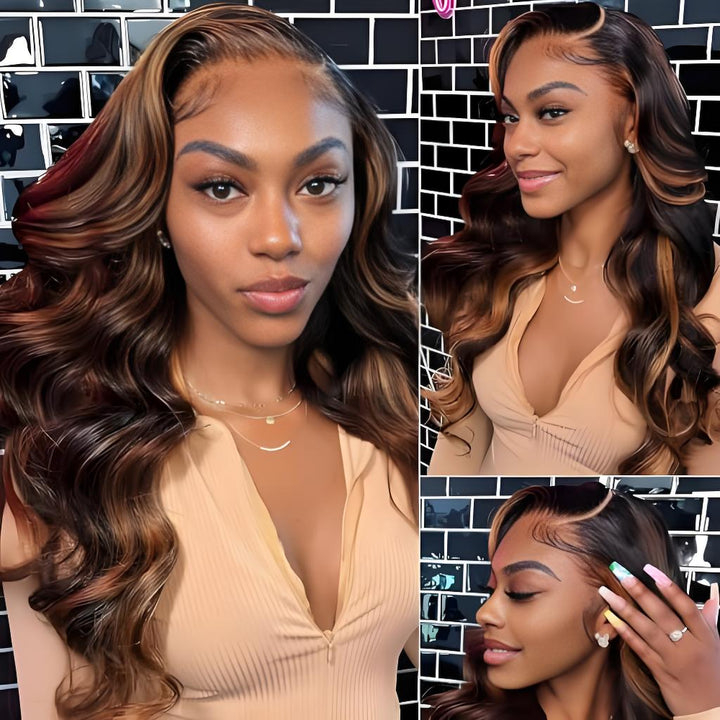 Close-up and side angle views of highlight brown lace wig, featuring bouncy waves and realistic part.