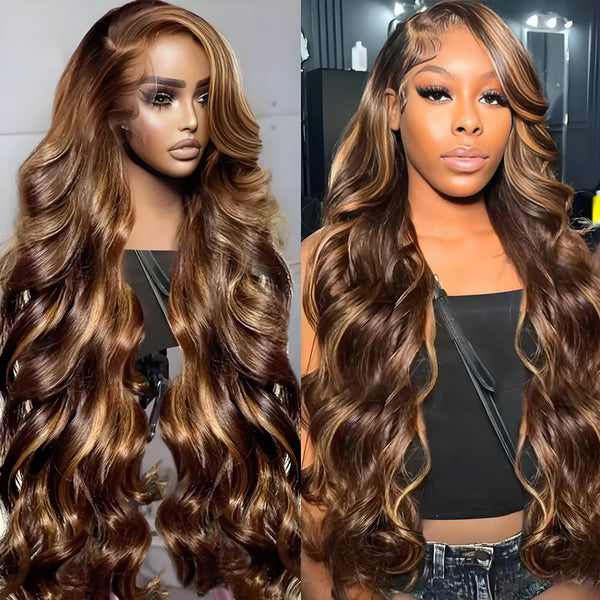 Display of highlight brown wig’s full curls, with rich tone contrast and soft, voluminous body wave.