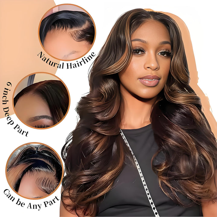 Model showcasing EuxmeHair highlight brown lace wig’s realistic parting, hairline details, and face-framing layers.