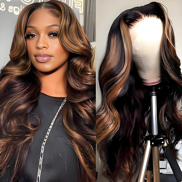 Side-by-side of model and mannequin both showcasing the highlight brown wig’s natural volume and shine.
