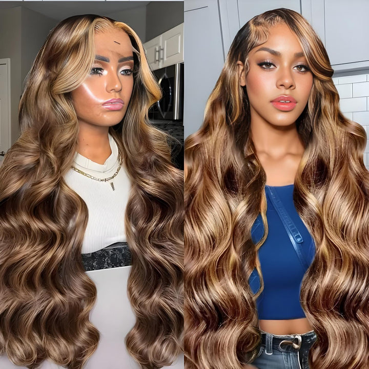 Two models wearing highlight brown loose wave wig with middle part and rich honey blonde highlights.