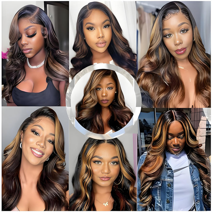 Collage of various models wearing the EuxmeHair highlight brown wig styled in different ways and outfits.