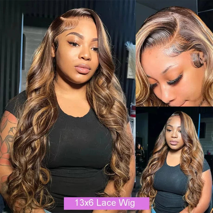 Model wearing EuxmeHair highlight brown wig with body wave texture, showing hairline and long defined curls.