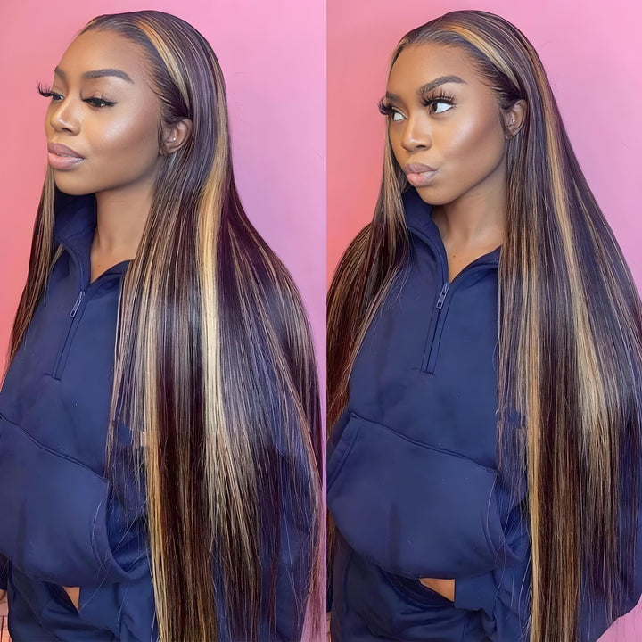Long P4/27 highlight straight wig worn by model, shown against pink background, emphasizing color contrast.